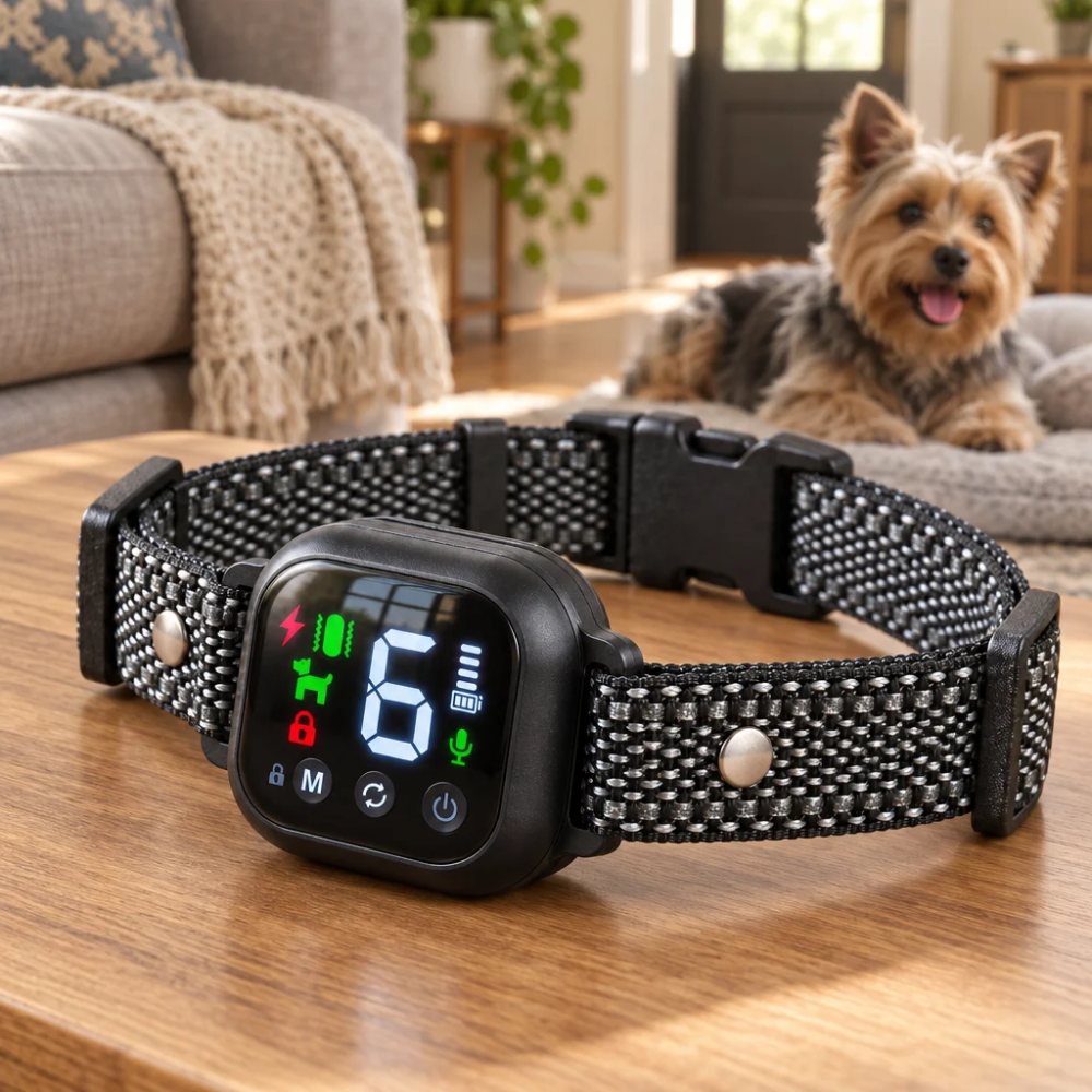 Small dog on a couch next to the Hush Bark collar with its display lit